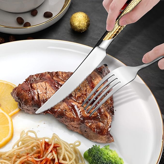 Lemeya 20-Piece Hammered Silver Gold Silverware Set for 4 with Serrated Forging Knives,18/10 Stainless Steel Modern Flatware Set,Unique Cutlery Set Spoons and Forks Set,Mirror Polished,Dishwasher Safe