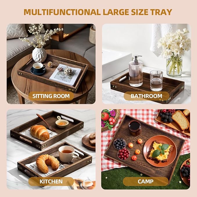 18.1 Inch Rustic Wood Serving Tray with Handles, Breakfast Tray Wooden Trays Decorative Serving Platter for Eating, Working, Storing, Used in Bedroom, Kitchen, Living Room, Bathroom and Outdoors