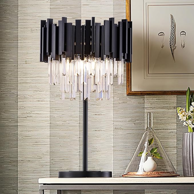 Wellmet Black Crystal Table Lamp,3 Lights Table Lamps for Bedroom,Black Bedside Nightstand Lamps for Living Room,Small Decorative Desk Lamp for Reading Room,Metal Base
