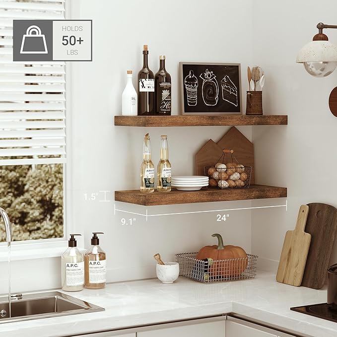 Vivelove Bathroom Floating Shelves for Wall 24 inchs Long, 9.1” Deep x 1.6” Thick Wall Shelves for Bedroom, Living Room, Kitchen, Office, Rustic Farmhouse Shelf Decor with Invisible Bracket, Set of 2