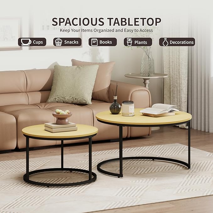 Nesting Tables Set of 2, 31.5" Round Coffee Table, Wood Grain Top Nesting Coffee Table with Adjustable Non-Slip Fee, Small Nesting Tables for Living Room, Bedroom (Wood Grain Light Brown)