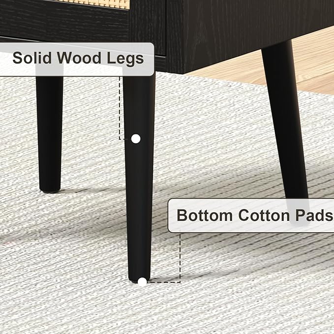 Rattan Nightstand with Charging Station, Mid Century Modern Bed Side Table with Drawer Open Shelf, Boho End Table with Solid Wood Legs,Bedside Tables for Kids' Room Farmhouse Bedroom Living Room Dorm