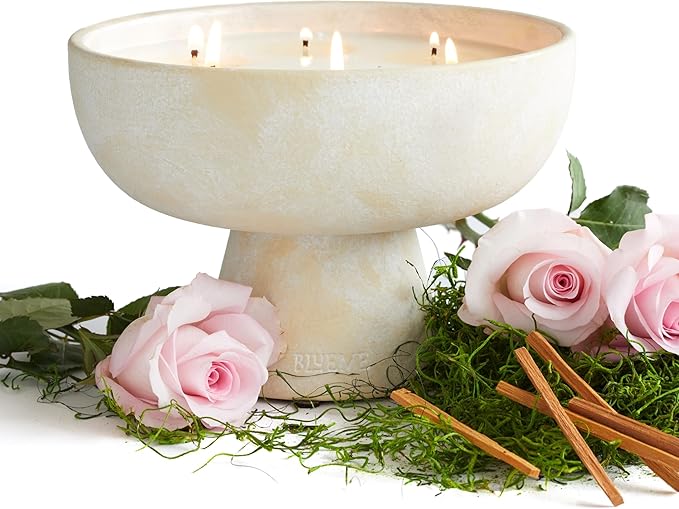 BLUEME Oakmoss & Sandalwood, Luxury Candle w/Essential Oils, 6 Wick, Hand-Poured Soy, Cotton Wick, Ceramic