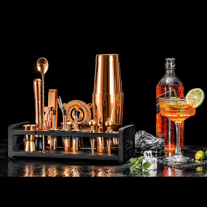 Soing 24-Piece Cocktail Shaker Set,Perfect Home Bartender Kit for Drink Mixing,Stainless Steel Bar Tools with Stand,Velvet Carry Bag & Recipes Cards Included (Rose copper)