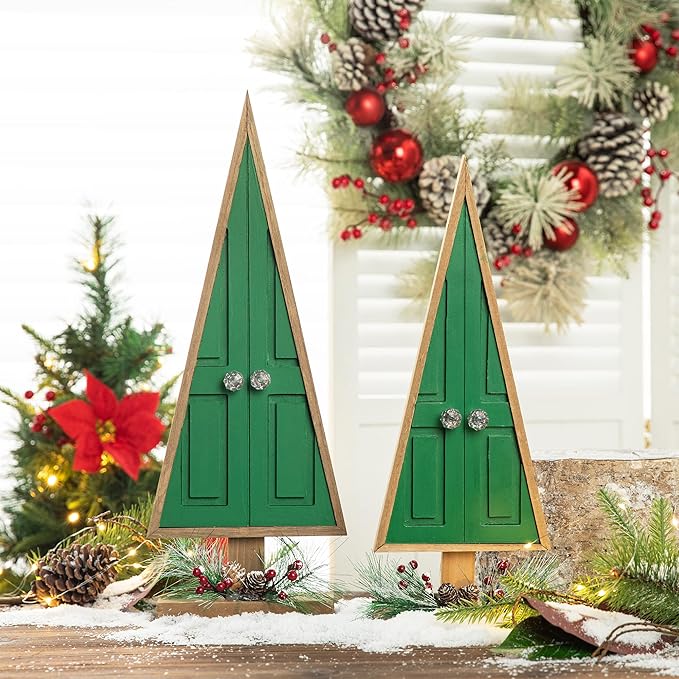 Glitzhome Tabletop Wooden Christmas Tree Set of 2 with Pinecones and Berries for Xmas Holiday Home Decorations, 19" H, Green