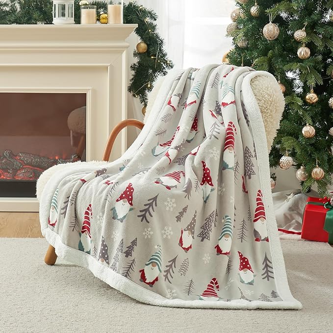 Cozy Bliss Gnome Throw Blanket Christmas Sherpa Blanket Warm Reversible Plush Throw Blanket,Ultra Soft Cozy Blanket for Couch,Sofa and Bed(Xmas Gnome,50"x60")