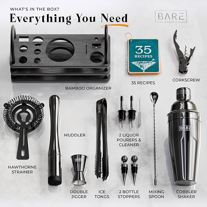 BARE BARREL® Mixology Bartender Kit Bar Set | 14-Piece Cocktail Shaker Set | Martini Barware Mixing Tools for Home Bartending | 35 Recipe Cards | Gift Set (24oz Cobbler Shaker, Jet Black/Black)