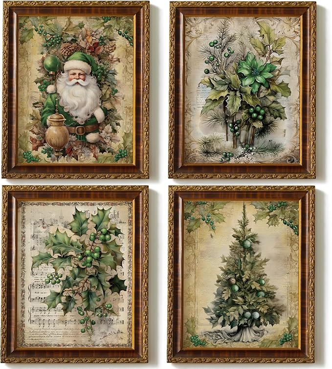 JXREQ Vintage Christmas Pictures Wall Decor Prints,Green Christmas Wall Art Decorations for Home Kitchen Bedroom Bathroom Living Room Office,Santa Claus Xmas Tree Decor Prints Set of 4,8x10 Unframed
