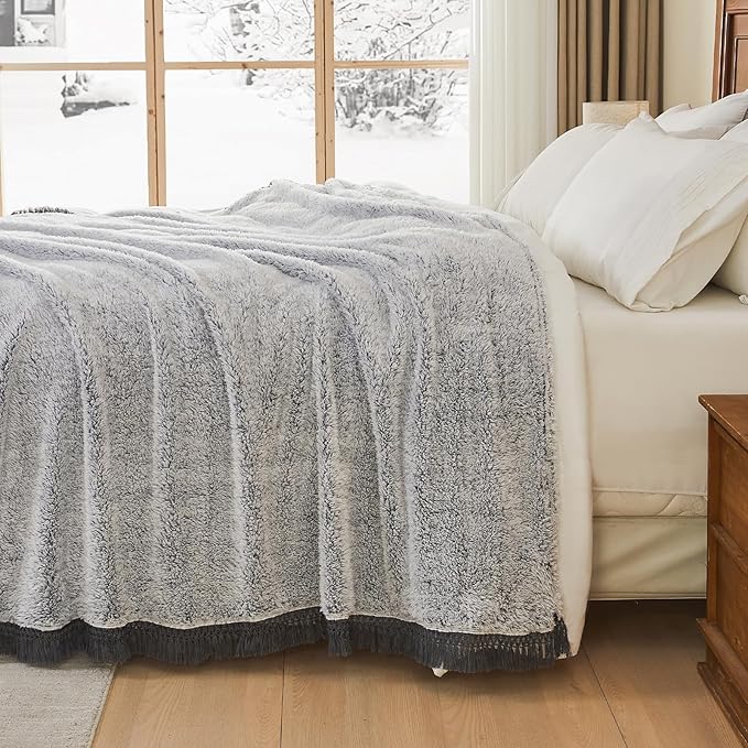 EMME Soft Sherpa Fleece Blanket with Tassel, Reversible Plush Fluffy Large Blanket, Light Weight Warm Decorative Boho Blanket Cover for Sofa, Couch, Bedroom,Travel(Tassel Grey,90"x90")