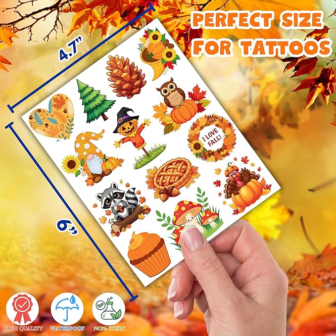 50 PCS Fall Autumn Temporary Tattoos for Kids, Thanksgiving Themed Tattoos for Birthday Party Supplies Funny Pumpkin Leaves Tattoo Stickers for Boys Girls Party Bag Filler School Reward