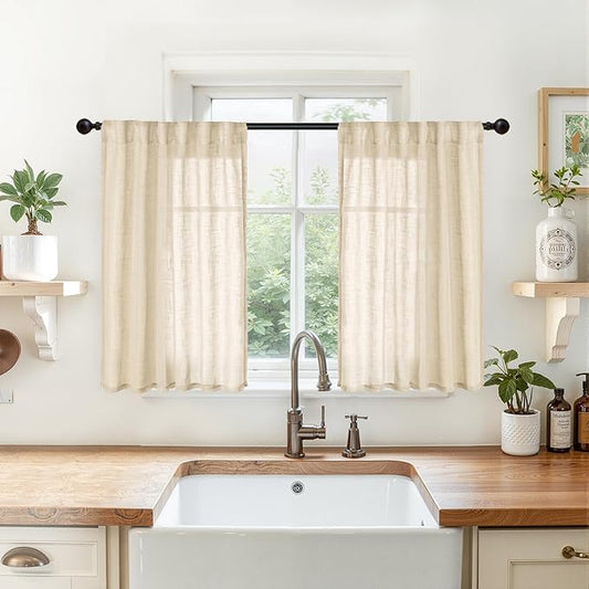 YoungsTex Natural Linen Curtains 36 Inch Length for Cafe Kitchen Window - Short Light Filtering Drapes with Back Tab Rod Pocket Semi Sheer for Bathroom Window Over Sink, 2 Panels, 34 X 36 Inch