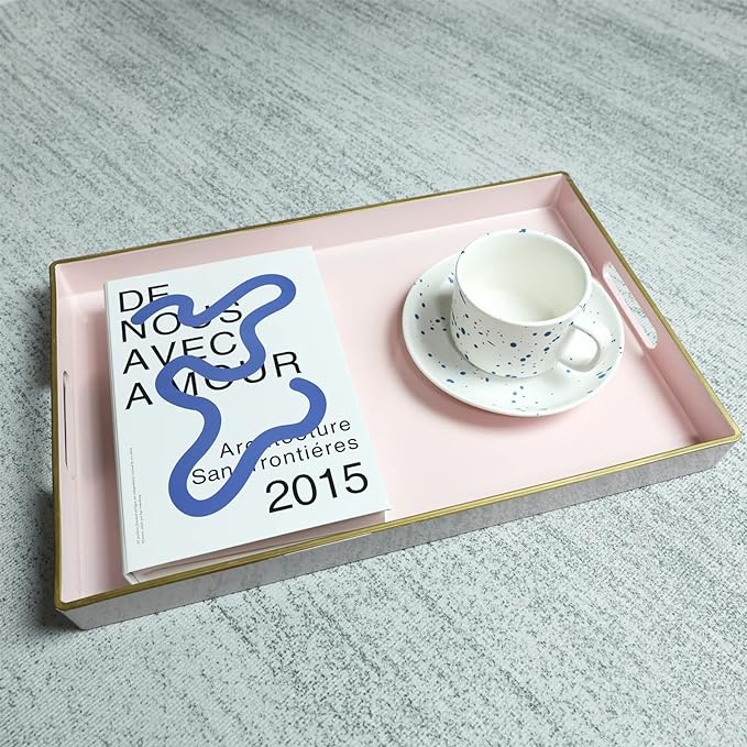 Spsyrine Round Pink Decorative Tray, 13" Plastic Serving Table Tray with Handles for Breakfast, Round Modern Ottoman Tray for Coffee Table, Bathroom, Kitchen, Living Room