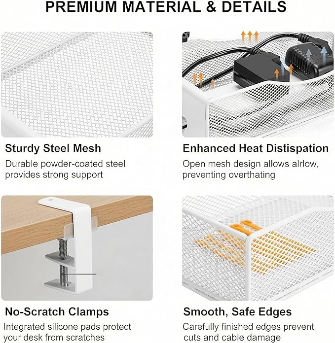 Extra Wide Under Desk Cable Management - No Drill Installation Cable Management Tray, Modern Cord Organizer for Office/Home Desk, Fits Power Strips & Wires((White, XL)