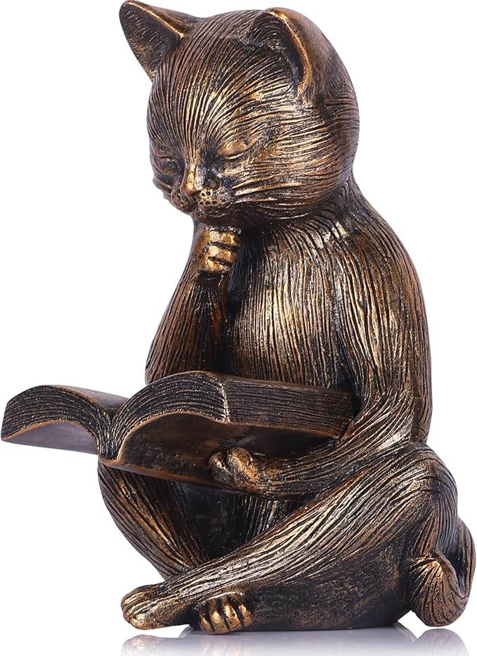 6.4 Inch Resin Reading Cat Figurine - Cute Animal Sculpture for Desk, Office, Bookshelf or Table Decor - Meditation Statue, Bronze Cat Lover Gift, Relaxing Book Theme Accent, Decorative Pet Ornament
