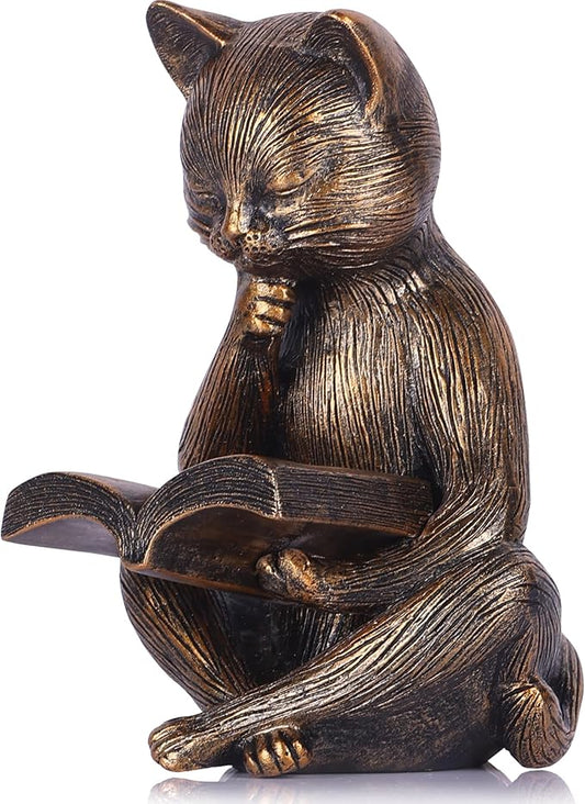 6.4 Inch Resin Reading Cat Figurine - Cute Animal Sculpture for Desk, Office, Bookshelf or Table Decor - Meditation Statue, Bronze Cat Lover Gift, Relaxing Book Theme Accent, Decorative Pet Ornament