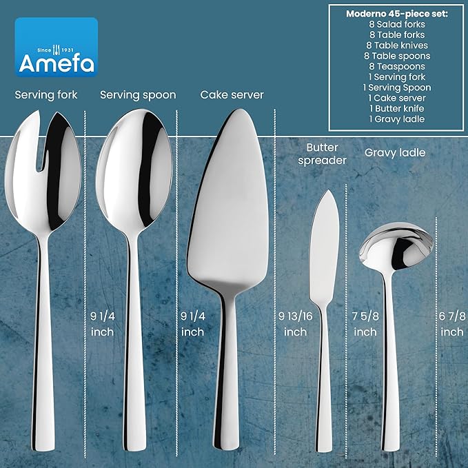 Amefa 45-Piece Silverware Flatware Cutlery Set Service for 8, Durable 18/10 Stainless Steel High Gloss Mirror Finish, tableware in Ergonomic Design Size and Weight, Dishwasher Safe (Moderno)