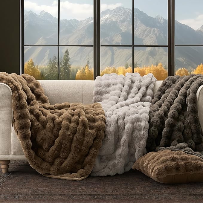 EverGrace Ultra Soft Luxury Fluffy Faux Rabbit Fur Throw Blanket, Thick Warm Bubble Throw for Bed, Cozy Plush Reversible Blankets for Couch, Chair, Sofa, Taupe, 80x90 Inches