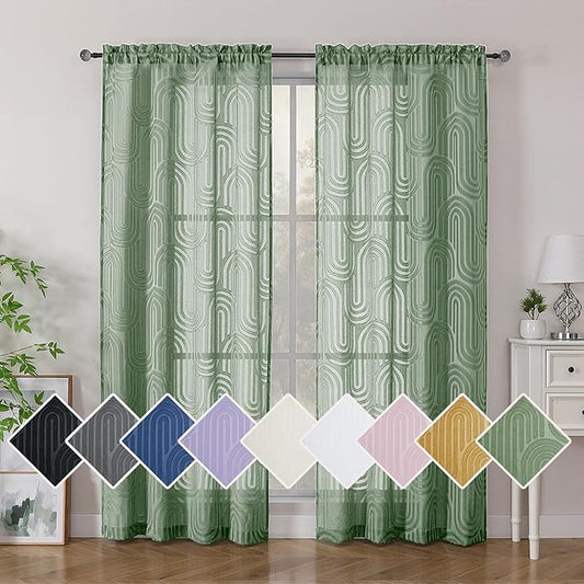 Simplebrand Sheer Sage Green Curtains 72 Inches Long 2 Panels for Window, Geometric Mid Century Light Filtering Semi Sheer Curtains for Front Back Patio Glass Door with Rod Pocket, 42" Wx72 L