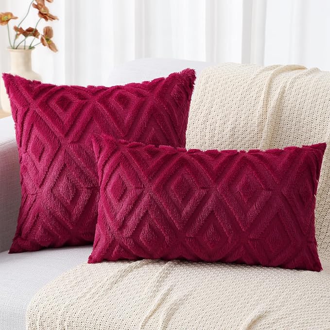 decorUhome Christmas Couch Throw Pillow Covers 26x26 Set of 2, Decorative Soft Plush Faux Wool Neutral Accent Pillow Covers for Bed Sofa Living Room, Burgundy