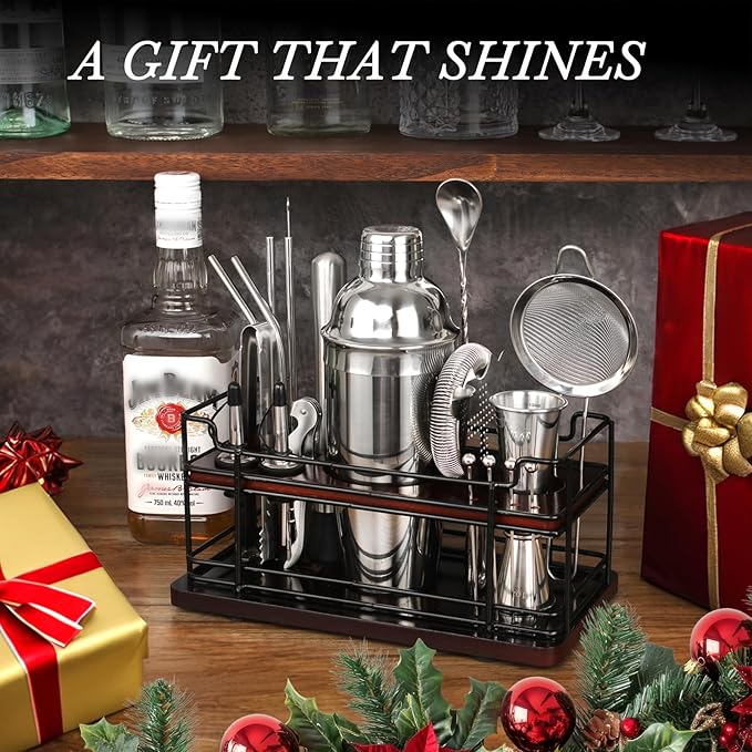 Cocktail Shaker Set with Stand, 20-Piece Complete Bartender Kit for Home & Bar Use, Stainless Steel Bar Set with 25oz Shaker, Bar Accessories and Recipes, Ideal Cocktail Kit for Parties & Gift Giving