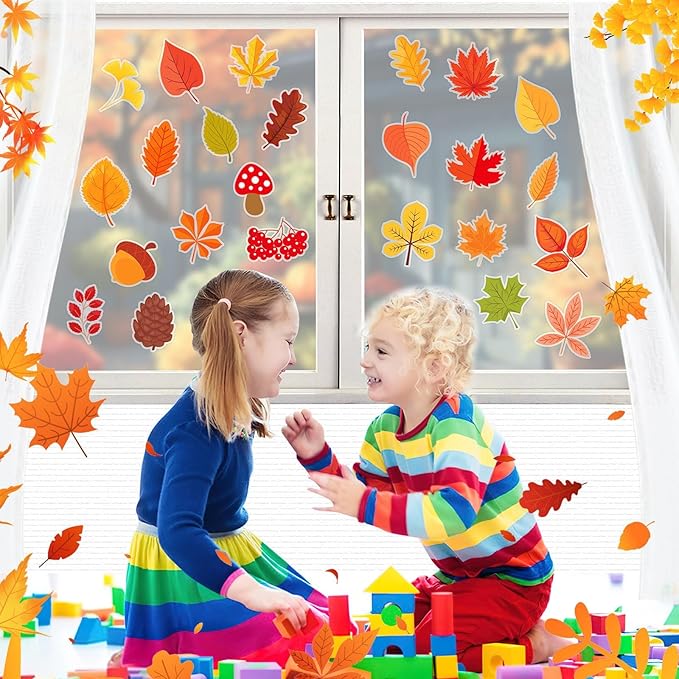 MARFOREVER 50 PCS Fall Gel Window Clings Stickers Reusable Autumn Maple Leaves Thick Gel Clings Decals for Kids Classroom Toddlers Home Thanksgiving Party Supplies Window Glass Decorations