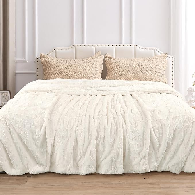 TOONOW Faux Fur Luxury Throw Blanket,Double Side Soft Fluffy Shaggy Fuzzy Blanket for Couch Sofa Bed (Cream White, Queen Size)