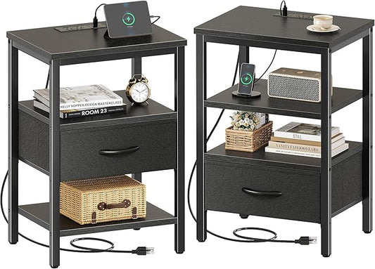 SUPERJARE Nightstand Set of 2, Bed Side Tables with Charging Station, Adjustable Fabric Drawer, Night Stand for Bedroom, 3-Tier Storage End Tables, Black, 8030BC