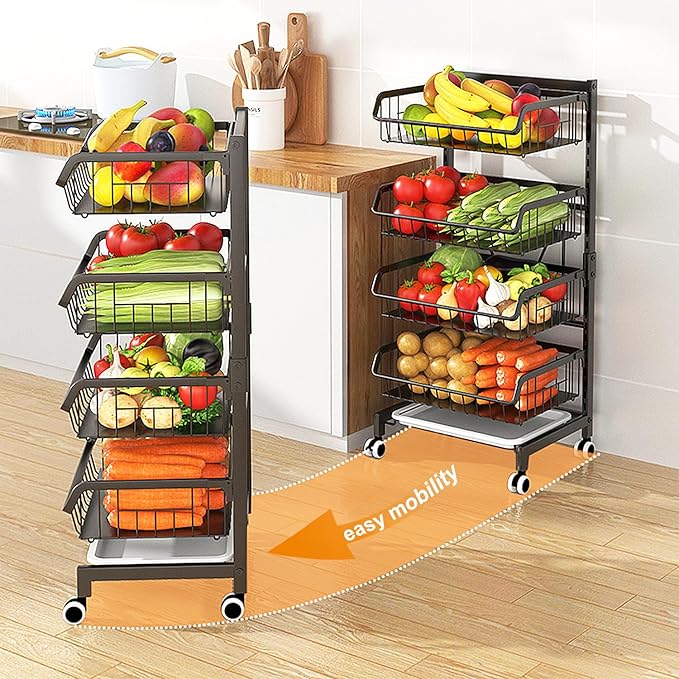 4-Tier Kitchen Snack Cart with Wheels – Versatile Rolling Storage Cart for Pantry, Utility Rooms – Adjustable Metal Wire Fruit & Vegetable Basket Rack (Black Without cart Handle, 4-Tier)