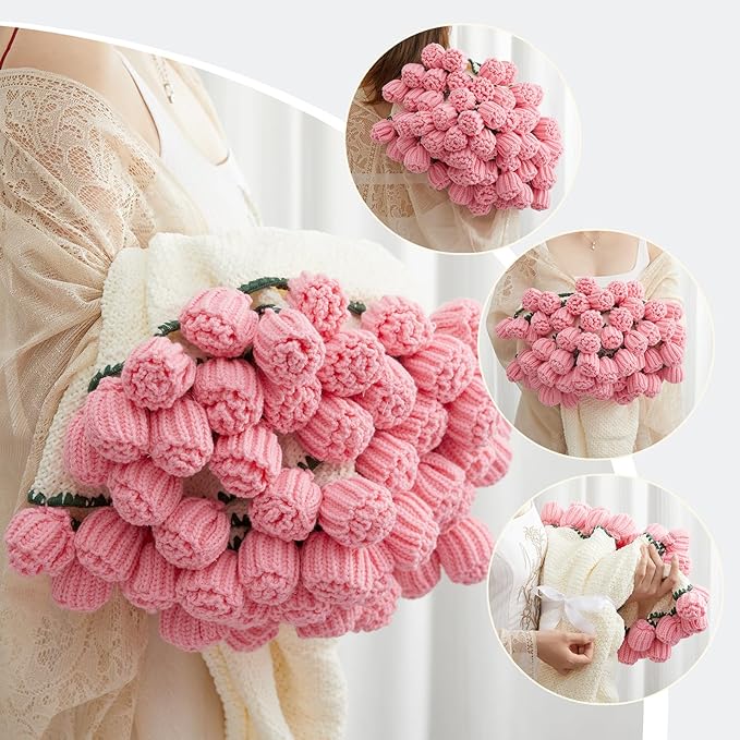 Flower Bouquet Blanket Gifts for Mom Grandma Wife Girlfriend,Completed Crochet Flower Blanket,Soft Knitted Throw Blankets,Gifts for Her Christmas Birthday Anniversary (Pink Roses)