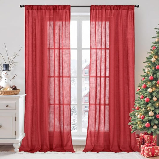 BGment Long Linen Semi Sheer Curtains 102 Inch Length for Living Room, Red Lightweight Window Drapes for Bedroom Christmas Decor with Rod Pocket Rustic Textured, 2 Panels Set, Each 52 Inch Wide