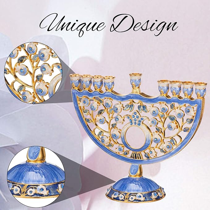 Matashi Hand Painted Blue Enamel Pomegranate Design Menorah Candelabra Embellished with Gold Accents and Crystals Jewish Candle Holder Hanukkah Gift Housewarming Showpiece for Living Room