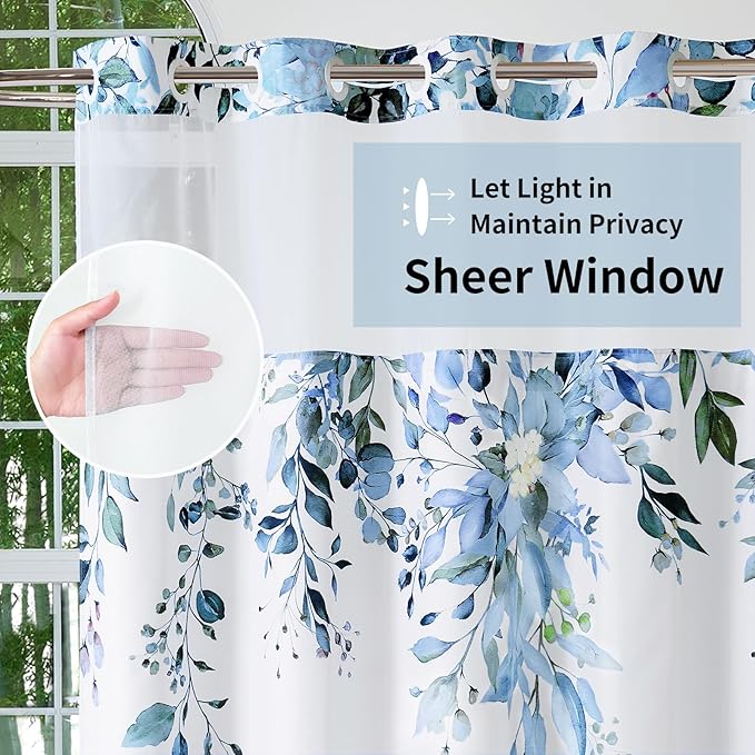 QiyI No Hook Shower Curtain with Snap in Fabric Liner, Blue Eucalyptus Shower Curtain with See Through Top Window, Waterproof Washable Cloth Ringless Shower Curtain Set for Bathroom, 36 x 75