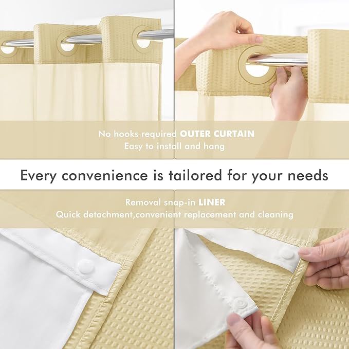 Mrs Awesome No Hook Shower Curtain with Snap-in Liner Less Time On/Off, Embossed Waffle-Look Textured Fabric Shower Curtain for Bathroom, Soft & Lightweight, 71x74, Beige