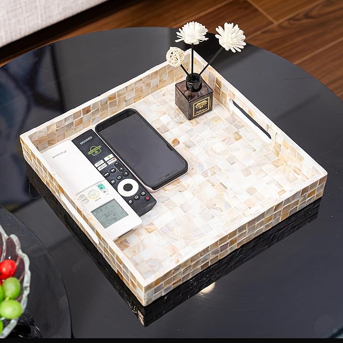 PEMAR 12.2" Square Serving Tray Mother of Pearl Nacre Wood Lap Ottoman Tray for Coffee Table, Luxury Decorative Handmade Eating Platters w Insert Handles (White Cream Squares Pattern)