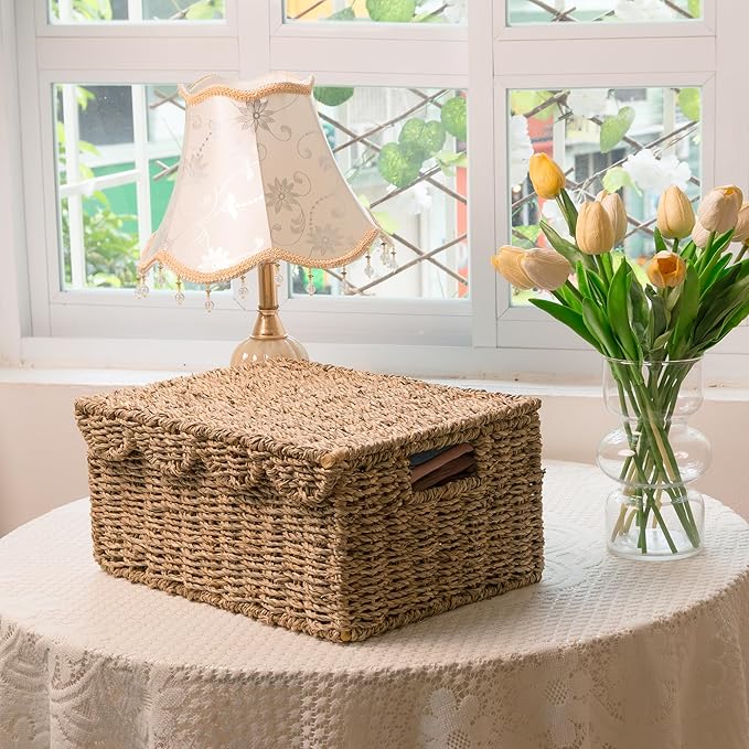 KOKODO Set of 2 Scalloped Wicker Baskets – Handwoven Rectangular Seagrass Storage Baskets with Lid and Handles for Organizing, Bathroom, Living Room & Shelf Décor – Decorative Rattan Organizing Bins