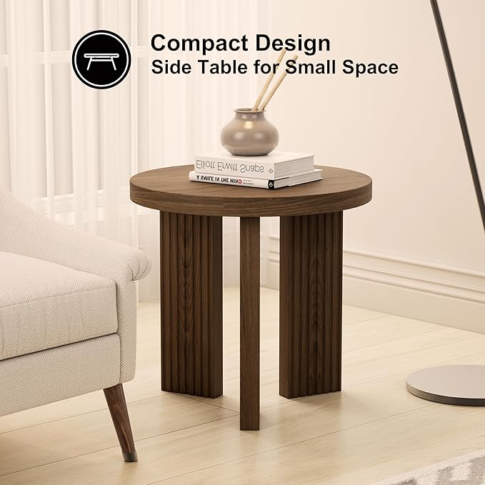 Small Round Side Table, 17.52" Coffee Table with Smooth Thick Mesa, Circle End Table with X Shaped Stable Legs, Accent Tea Table for Living Room, Office, Brown