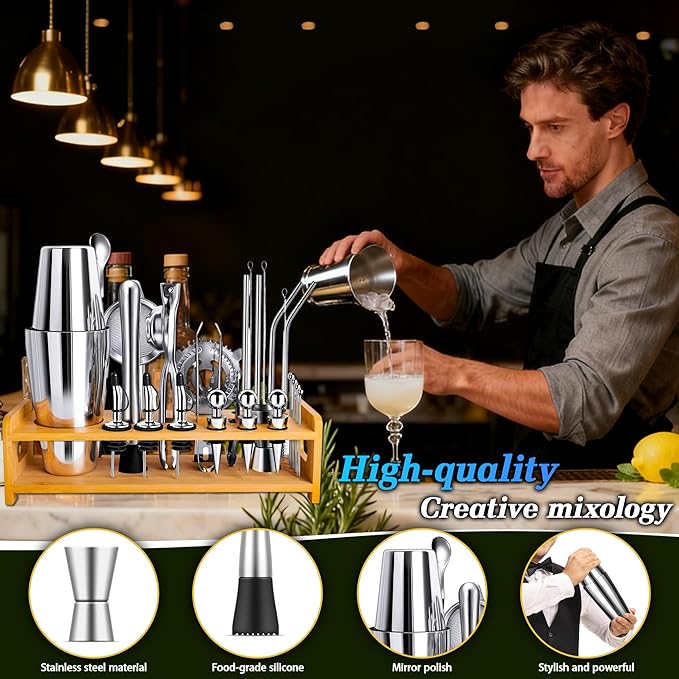 JUSTDOMI 26-Piece Stainless Steel Bar Tool Set Bartender Accessories, Cocktail Shaker Set Bartender Kit with Stand, Cocktails Kit with Muddler for Bar Accessories, Home, Party Cafe Drinks-Style 1