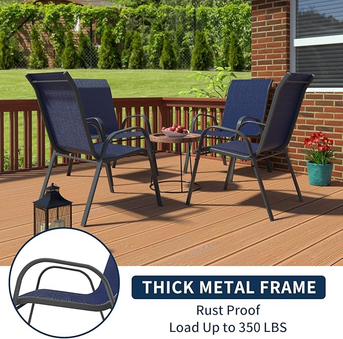 Amopatio Patio Chairs Set of 4, Outdoor Stackable Dining Chairs for All Weather, Comfortable Breathable Garden Outdoor Furniture for Backyard Deck, Blue
