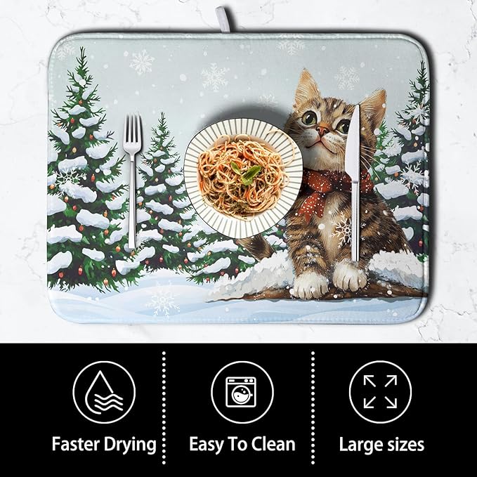 Cat Snow Pine Tree Winter Kitchen Dish Drying Mat 16x18 Inch Cute Kitten Animal Dish Mat Christmas Holiday Super Absorbent Dish Drying Pads Microfiber Dish Drying Mat for Kitchen Counter Sink