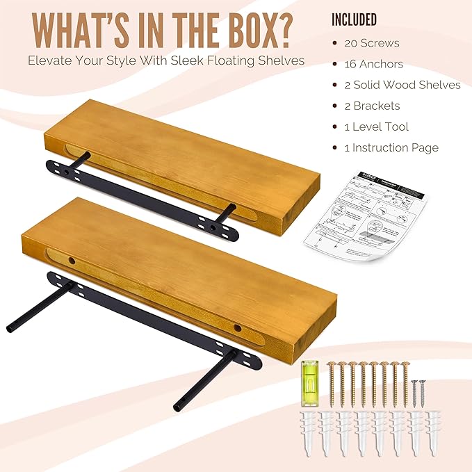 Sorbus Wood Floating Shelves for Wall - 16” Solid Wall Shelves for Bathroom, Bedroom & Living Room - Set of 2 Maple Wood Wall Mounted Shelves - Durable Solid Pine