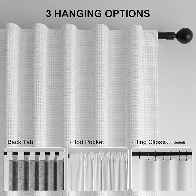 100% Blackout Curtains 72 inch Length 2 Panels Set for Dining Room Master Room, Thick Luxury Soft Linen Textured Full Light Blocking Room Darkening Thermal Insulated Drapes (W52xL72, White)