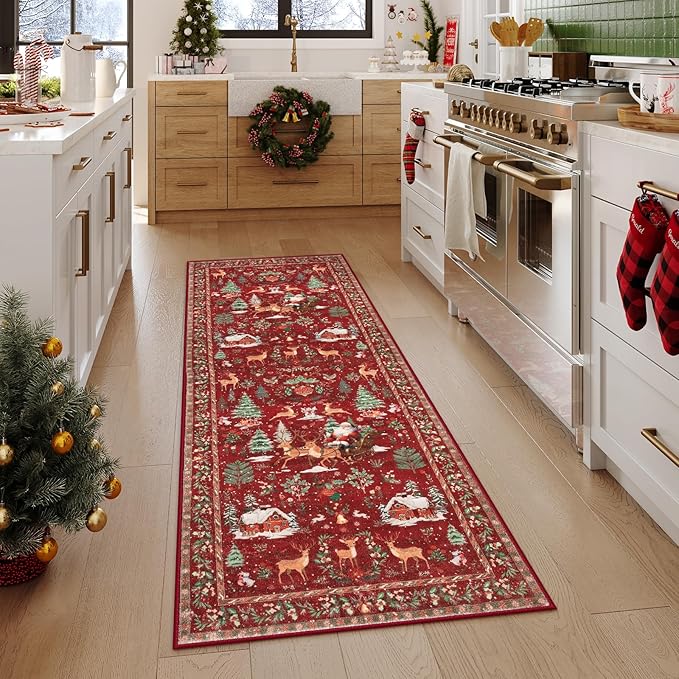 Lahome Christmas Runner Rug 2x6 Red Runners for Hallways,Kitchen Rugs Non Slip Washable Entryway Carpet Runner,Soft Christmas Tree Santa Claus Runners for Bathroom Bedside Holiday Decor(2'x6',Red)