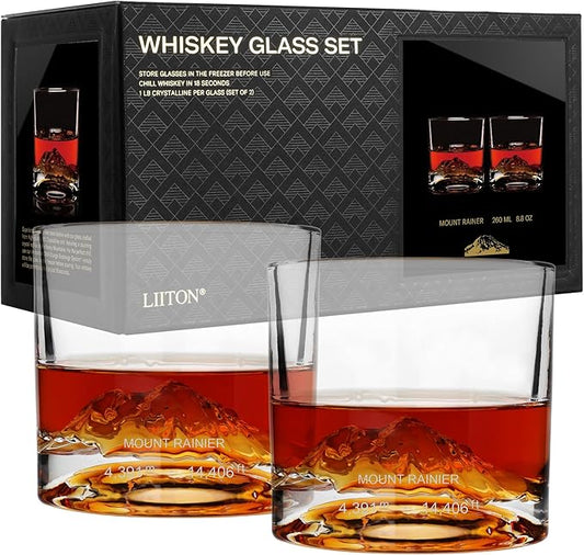 LIITON Mount Rainier Heavy Crystal Whiskey Glasses Gift Set of 2, Thick Freezable Bourbon Glass 1lb Each, Premium Whiskey Gifts for Men, Frozen Crystal Chills Cocktails, 10 oz