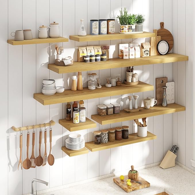 Floating Shelves for Wall with Invisible Brackets, Wall Mounted Engineered Wood Shelves with Wood Grain for Living Room, Bedroom, Bathroom, Kitchen Decor and Storage, Oak, 55"L Set of 2, Oak