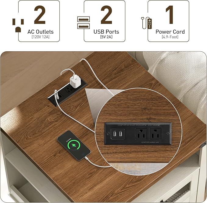 Farmhouse End Table with Charging Station, 24''Large Sofa Side Table with LED Light and 2 Drawers, Square Nightstand with Side Shelves, for Bedroom, Living Room, Office, White and Walnut