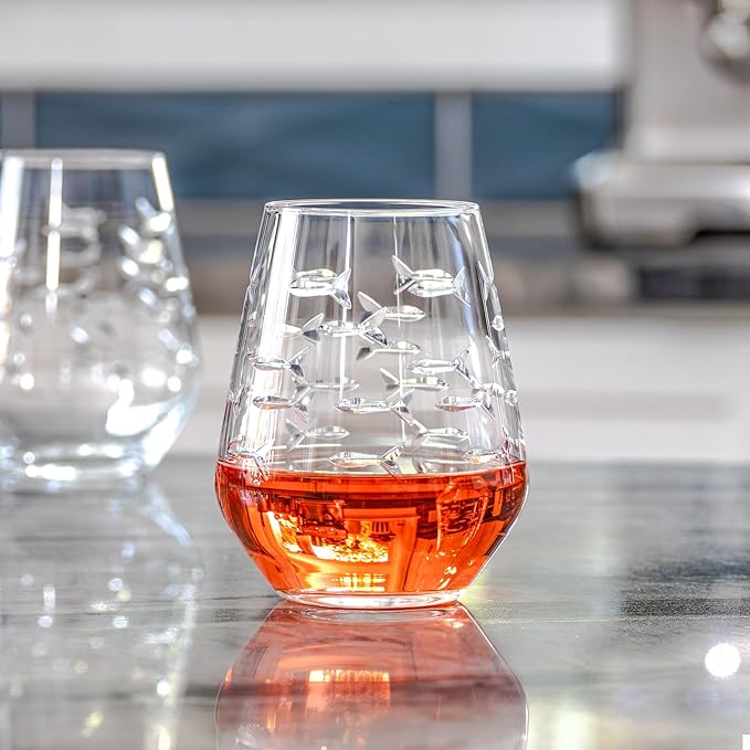 Rolf Glass | School of Fish Stemless Tumbler | Stemless Wine Glasses 18oz | Lead-Free Glass | Engraved and polished in Pennsylvania | US made (Set of 4)