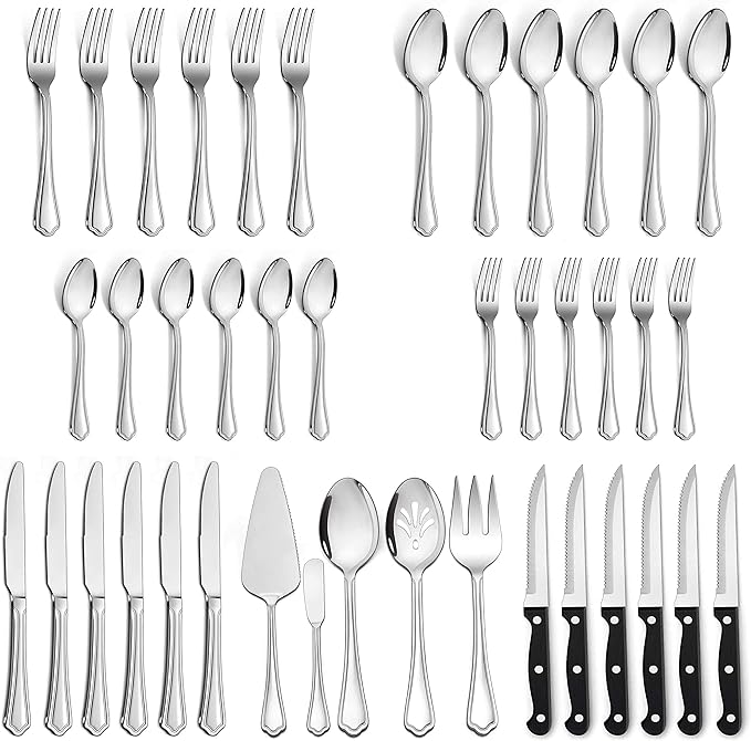 LIANYU 41-Piece Silverware Flatware Set for 6, Plus Steak Knives and Serving Utensils, Stainless Steel Flatware Cutlery Set, Eating Utensils Tableware with Scalloped Edge, Dishwasher Safe
