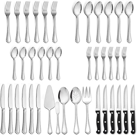 LIANYU 41-Piece Silverware Flatware Set for 6, Plus Steak Knives and Serving Utensils, Stainless Steel Flatware Cutlery Set, Eating Utensils Tableware with Scalloped Edge, Dishwasher Safe