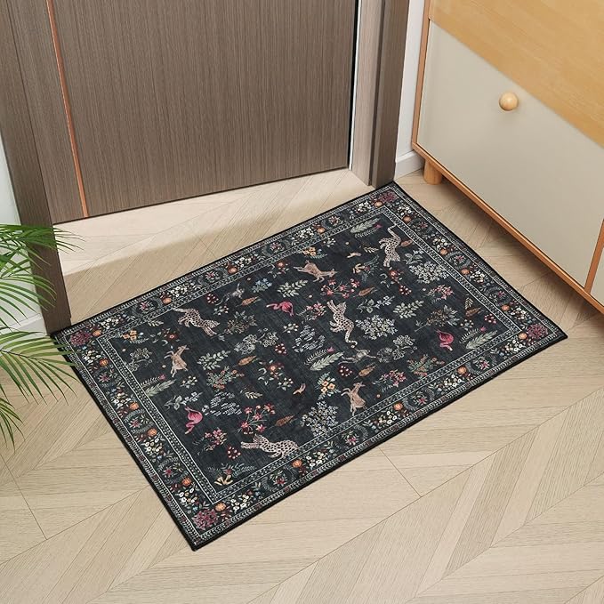Rugcomf Door Mat Indoor Entrance 2x3 Rug Machine Washable Boho Floral Animal Small Area Rug Non-Slip Low Pile Throw Rugs for Entryway, Kitchen, Front Door Indoor Entrance, Entry, Kids Room (Green)