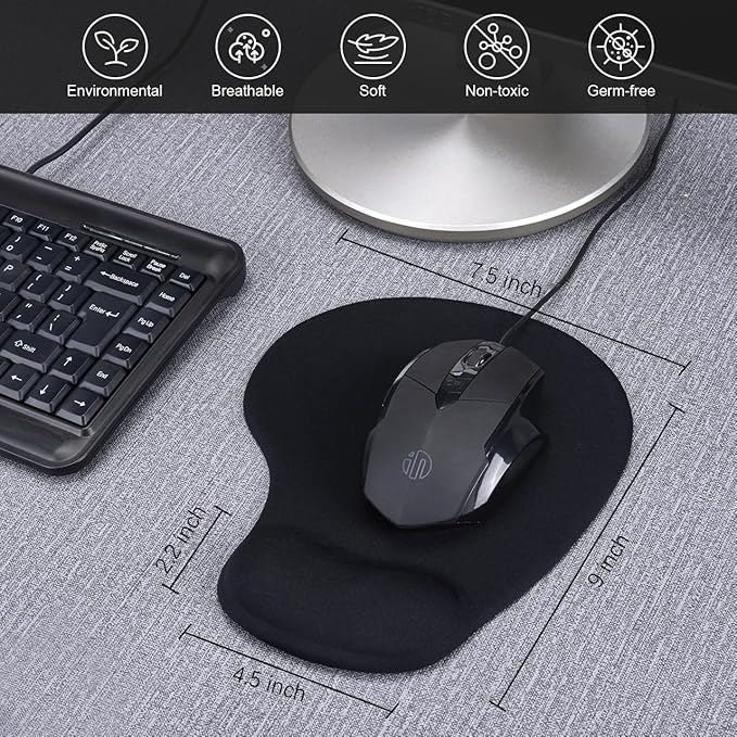 JIKIOU Mouse Pad, 2 Pack Ergonomic Mouse Pads with Comfortable Gel Wrist Rest Support and Smooth Cloth, Non-Slip PU Base for Easy Typing Pain Relief Durable and Easy to Clean Small Black